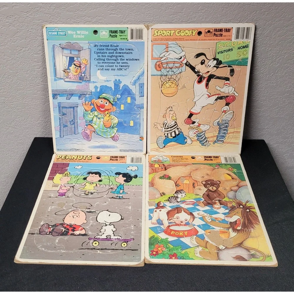Vintage 1980s Golden Frame-Tray Puzzles (Lot of 4) Peanuts Goofy Ernie - Read